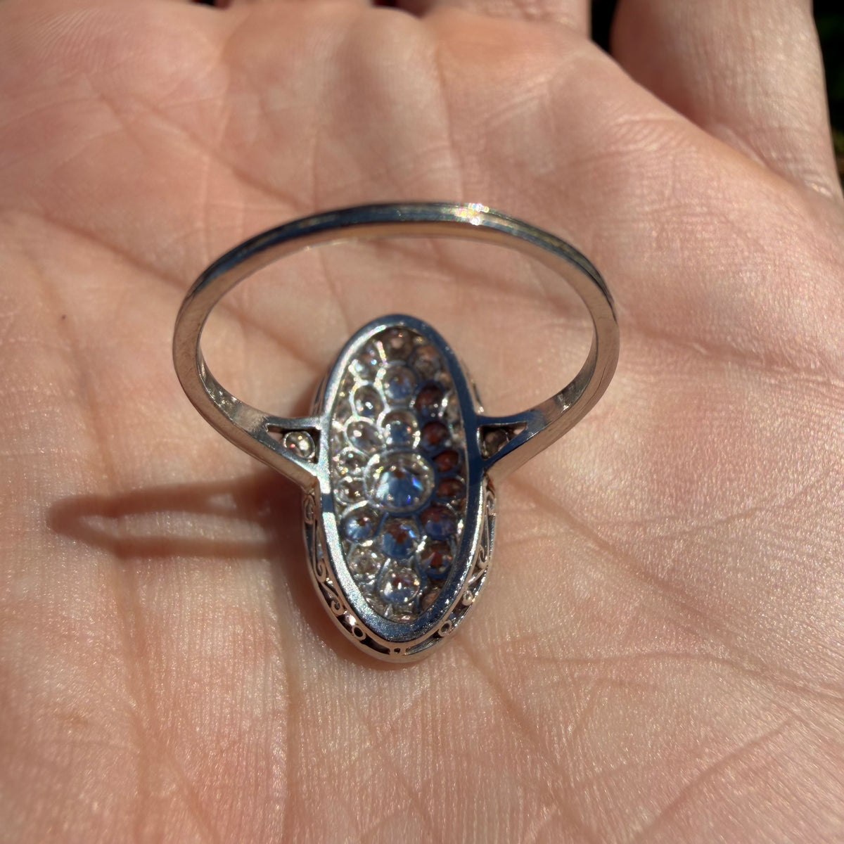 Victorian Solid Platinum 2.25ctw Natural Old Mine Cut Diamond Cluster Oval Navette Ring (7.5)