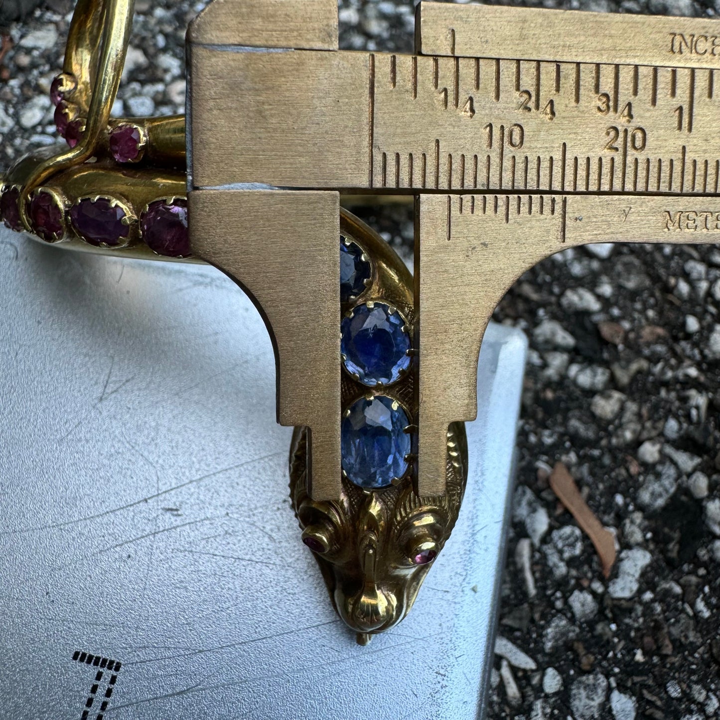 Mid 1800’s 15k Yellow Gold Blue And Pink Sapphire Encrusted Snake Bracelet (6”-7”)