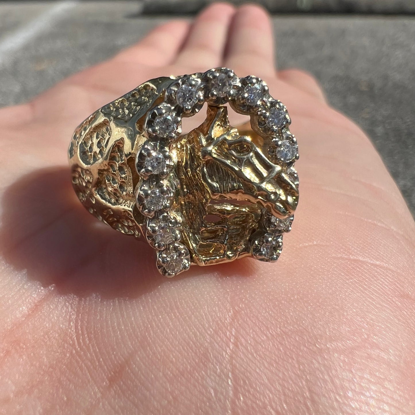Vintage 14k Yellow Gold .40ctw Natural Diamond Encrusted Old School Good Luck Gamblers Nugget Ring (10.5)