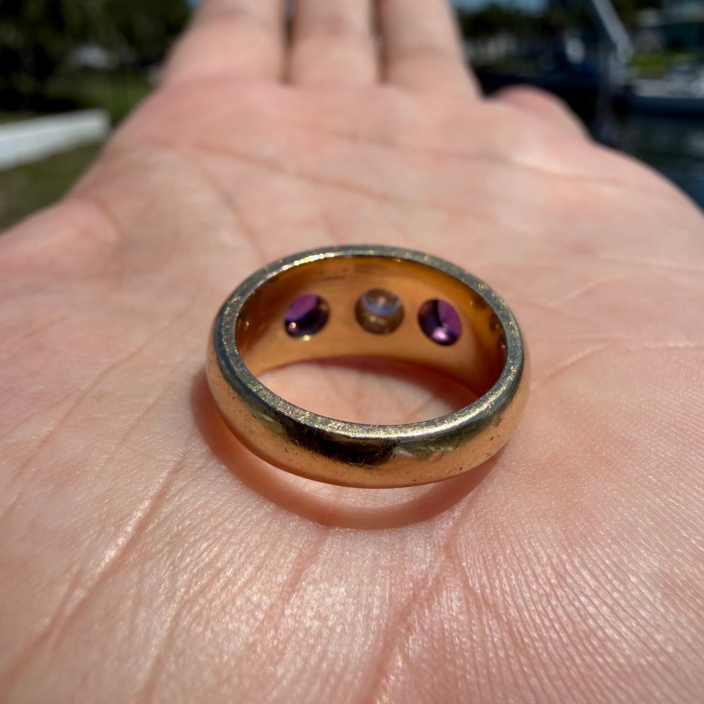 Art Deco Solid 14k Yellow Gold .75ctw Natural Old Euro Cut Diamond & Amethyst Trilogy Gypsy Ring (4.25)