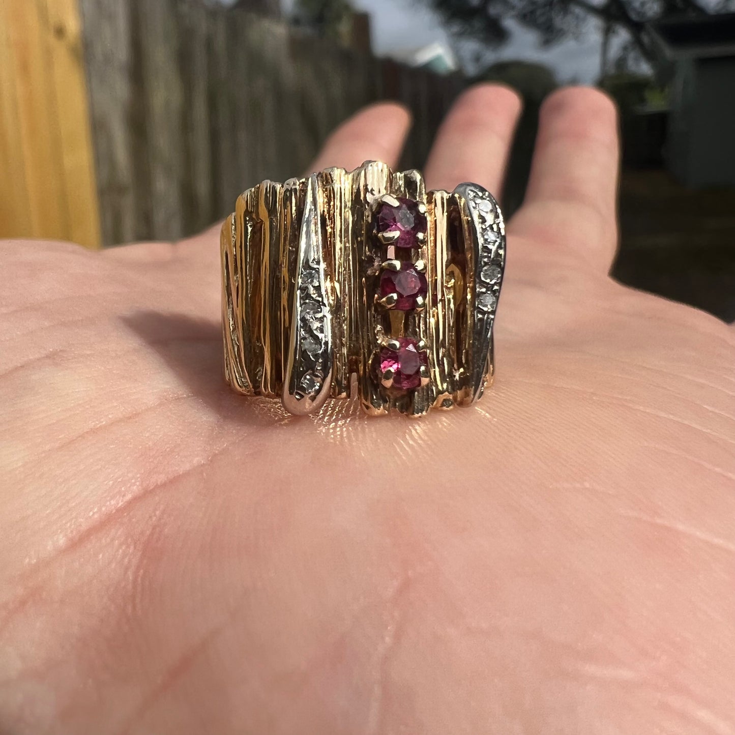 1960’s Custom Solid 14k Yellow Gold Natural Ruby And Diamond Encrusted Brutalist Ring (5)