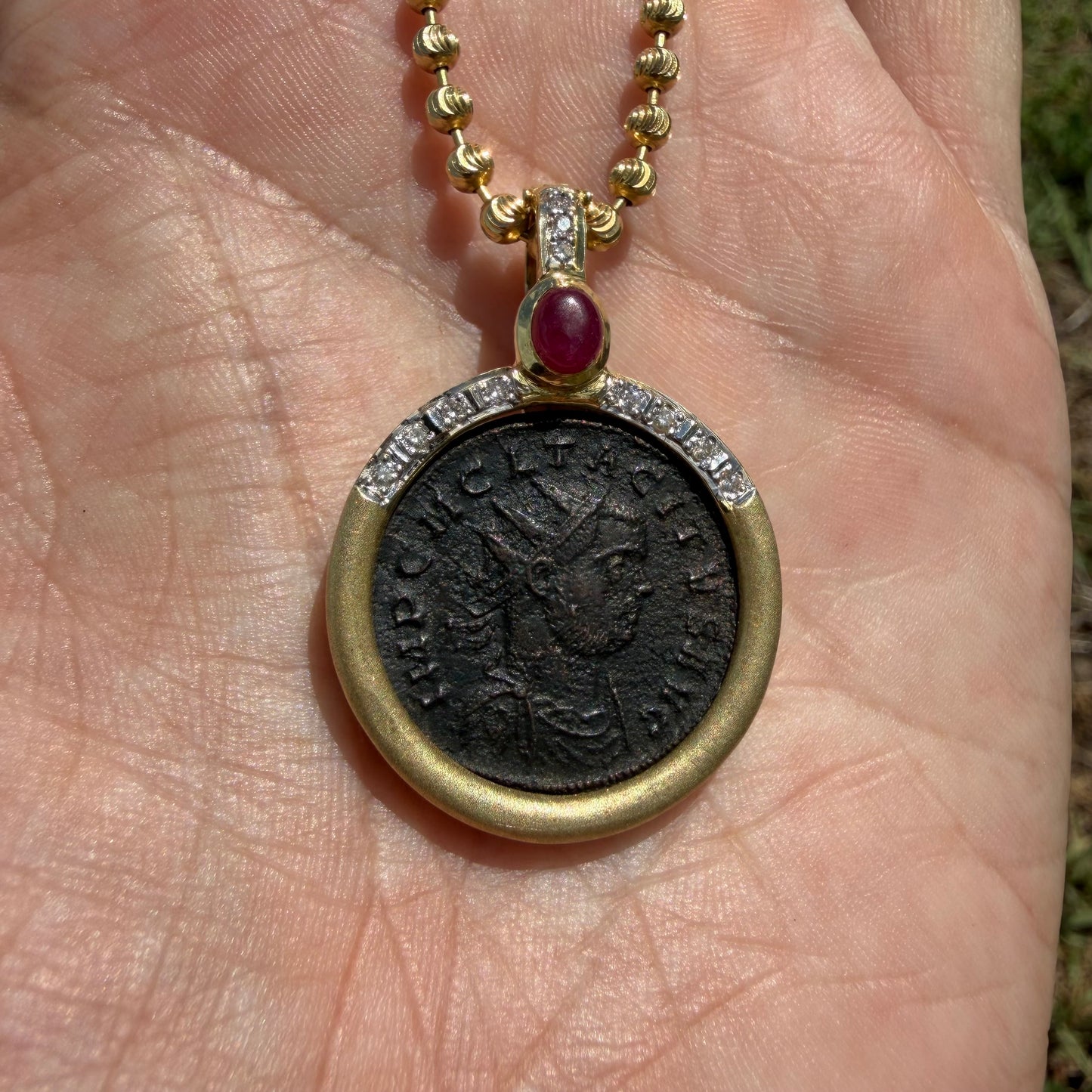 Vintage 14k Yellow Gold Natural Diamond and Ruby Ancient 275-276A.D Tacitus Roman Coin Pendant