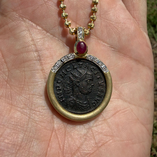 Vintage 14k Yellow Gold Natural Diamond and Ruby Ancient 275-276A.D Tacitus Roman Coin Pendant