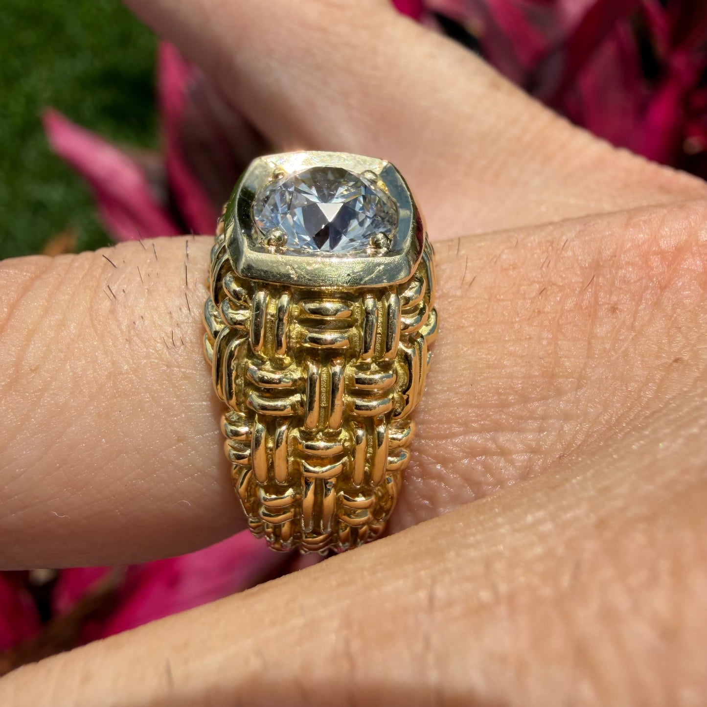 Vintage 2.0ct Natural VS1/I Old Euro Cut Diamond Solid 18k Yellow Gold Basket Weave Solitaire Ring(8)