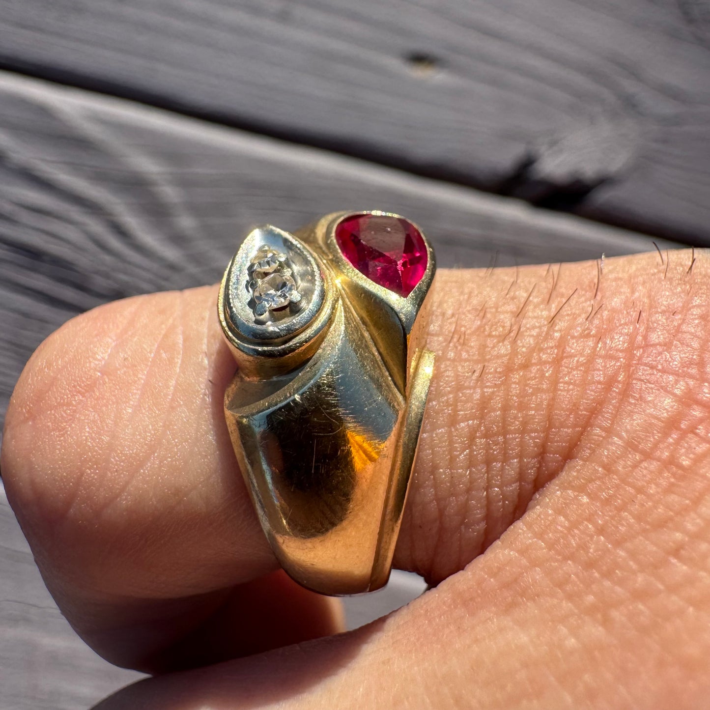 Vintage Solid 14k Yellow Gold Natural Diamond Pink Spinel Tony Soprano Pinky Ring (9.5)