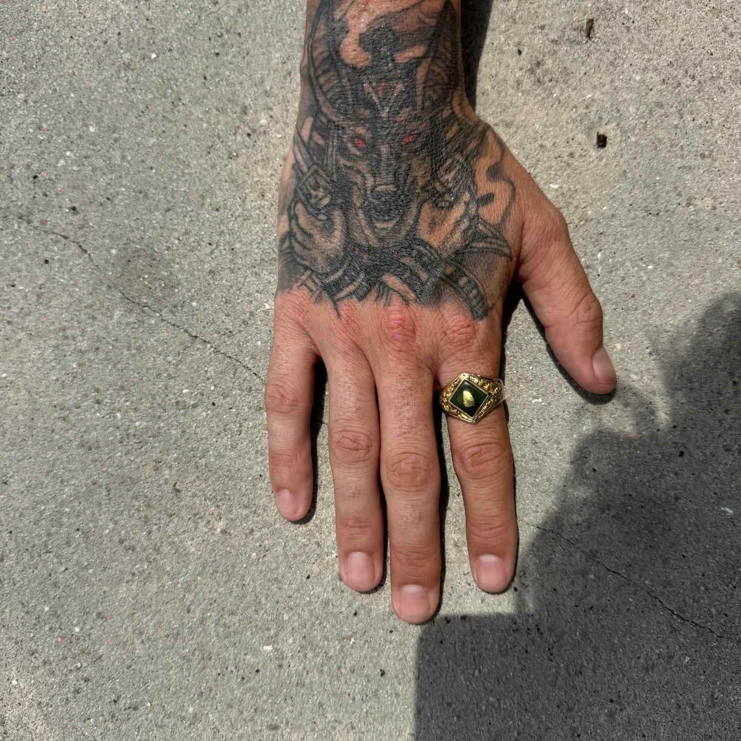 1930’s Art Deco Solid 10k Yellow Gold Nephrite Jade Natural Raw Gold Nugget Inlaid Signet Ring (11)