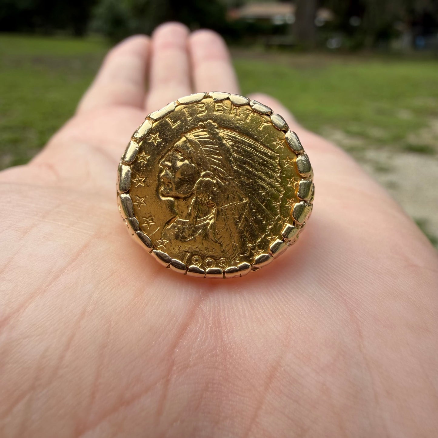 1909 Indian Head $2.50 Gold Coin 14k Yellow Gold Nugget Ring (11.5)