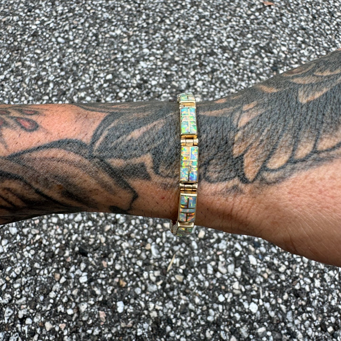 Vintage 14k Yellow Gold Mosaic Cut Opal Inlaid Bracelet (7.25”)