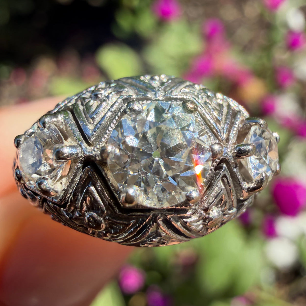 Art Deco Solid Platinum 1.0ctw Natural Old Euro Cut Diamond Trilogy Dome Ring (6.5)