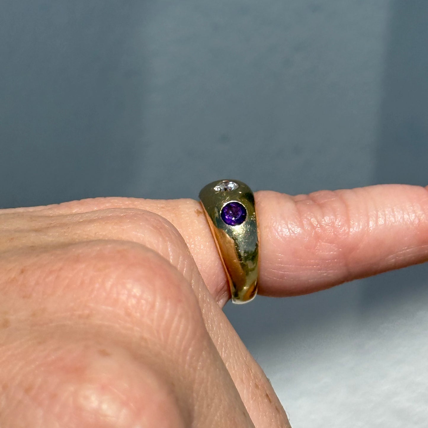 Art Deco Solid 14k Yellow Gold .75ctw Natural Old Euro Cut Diamond & Amethyst Trilogy Gypsy Ring (4.25)