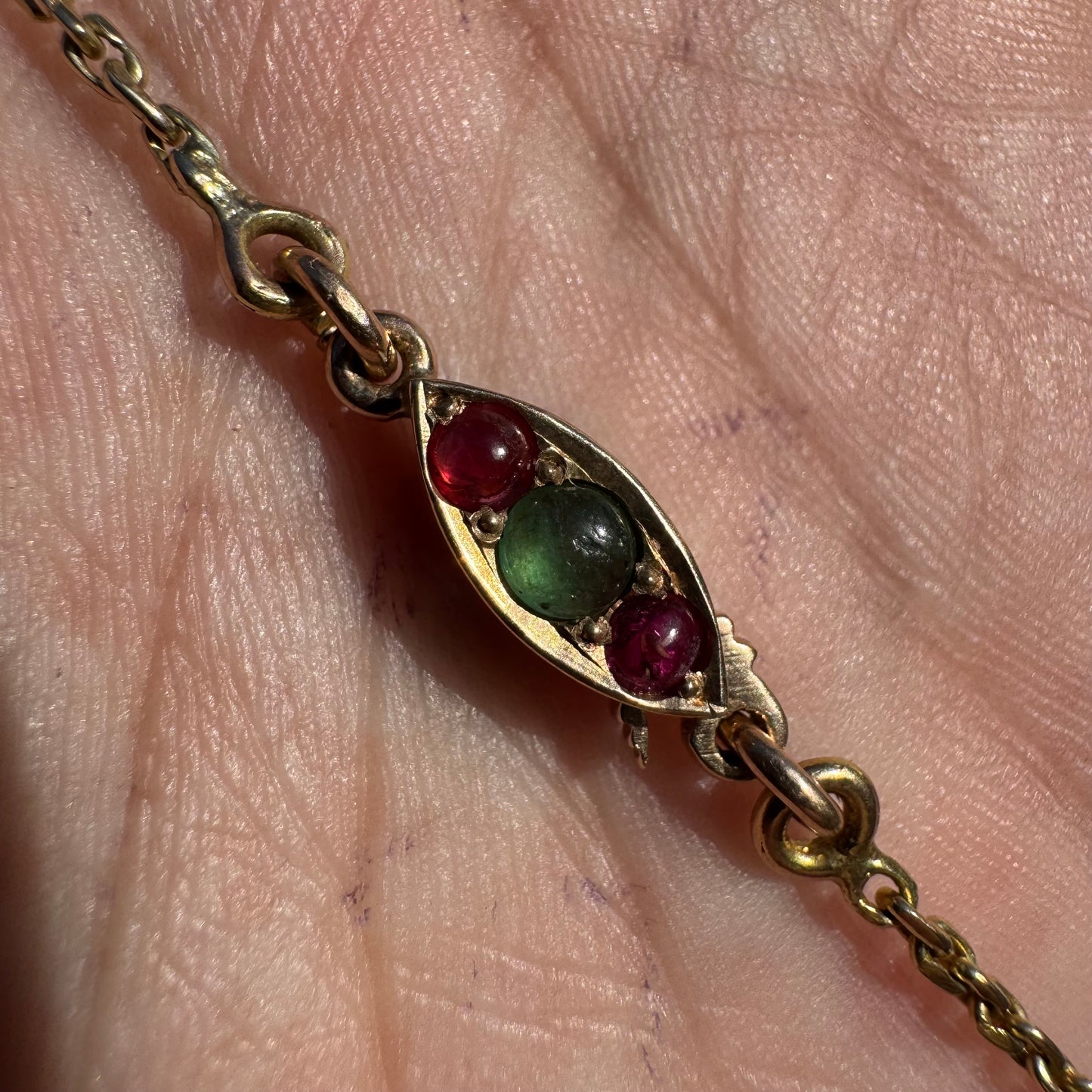 Antique Solid 14k Yellow Gold Natural Emerald And Ruby Encrusted “Biker Chain” Anchor Link Necklace (15.5”)