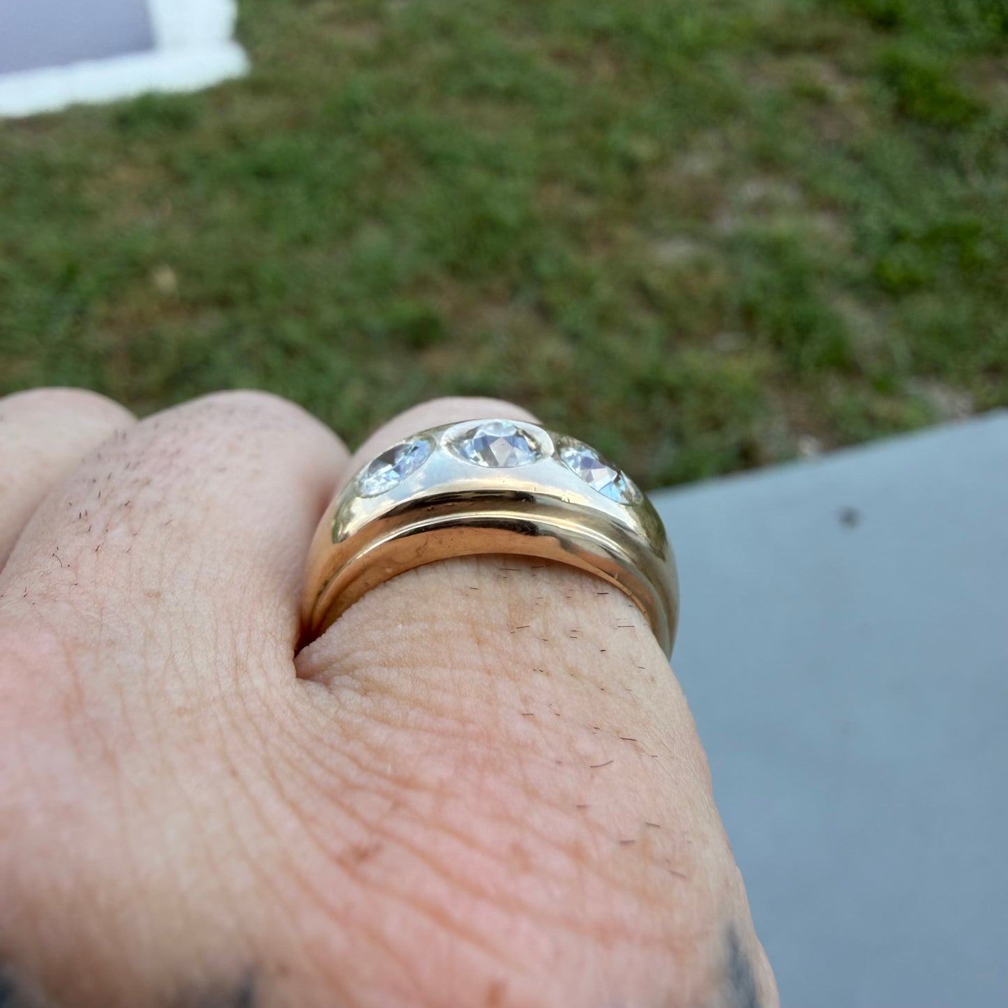 Art Deco Solid 14k Yellow Gold 1.20ctw Natural Old Cut Diamond Gypsy Trilogy Ring (6.5)