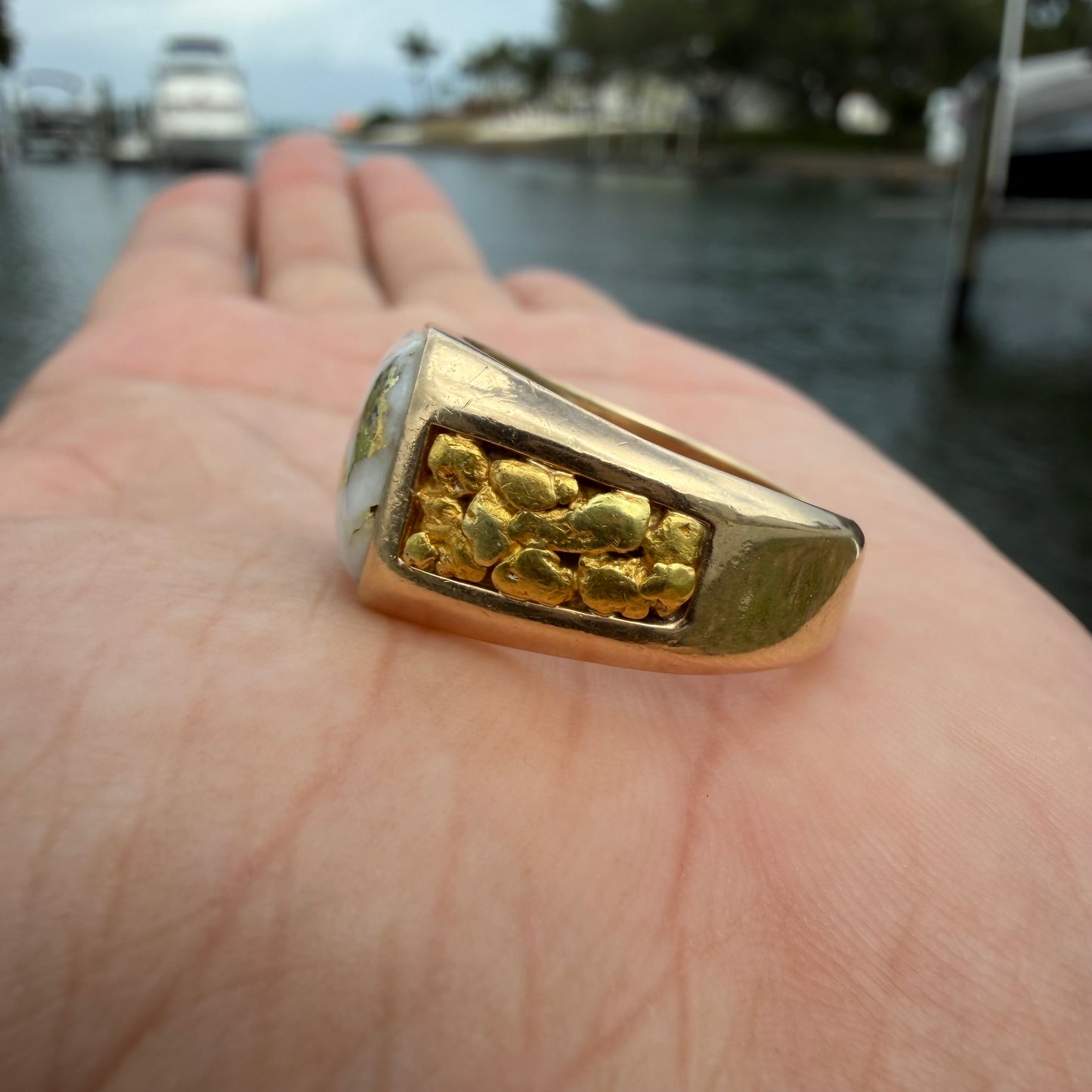 Vintage Solid 14k Yellow Gold Raw 22k Nugget Gold Bearing Quartz Signet Ring (10)