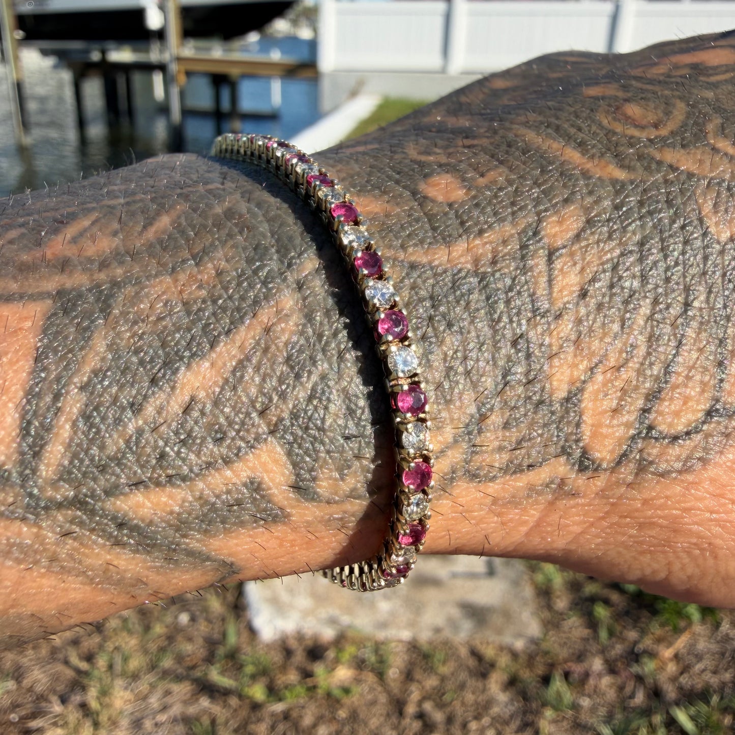 Vintage Solid 14k Yellow Gold 3.0ctw Natural Diamond And Ruby Tennis Bracelet (6.5”)