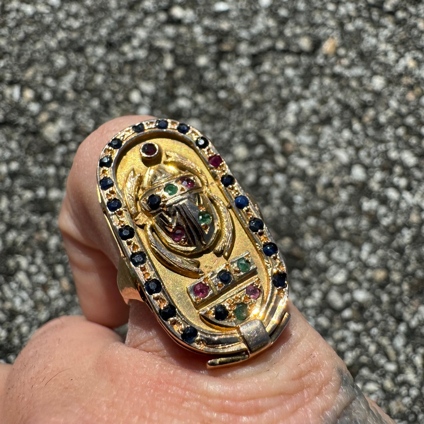 1960’s 18k Yellow Gold Egyptian Hallmarked Gemstone Encrusted Scarab Ring (5.75)