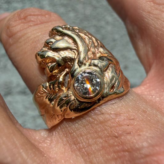 Art Deco Solid 14k Yellow Gold .40ct Vs Natural Diamond Figural Lion Zoomorphic Ring (7.75)