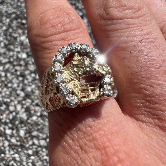 Vintage 14k Yellow Gold .40ctw Natural Diamond Encrusted Old School Good Luck Gamblers Nugget Ring (10.5)