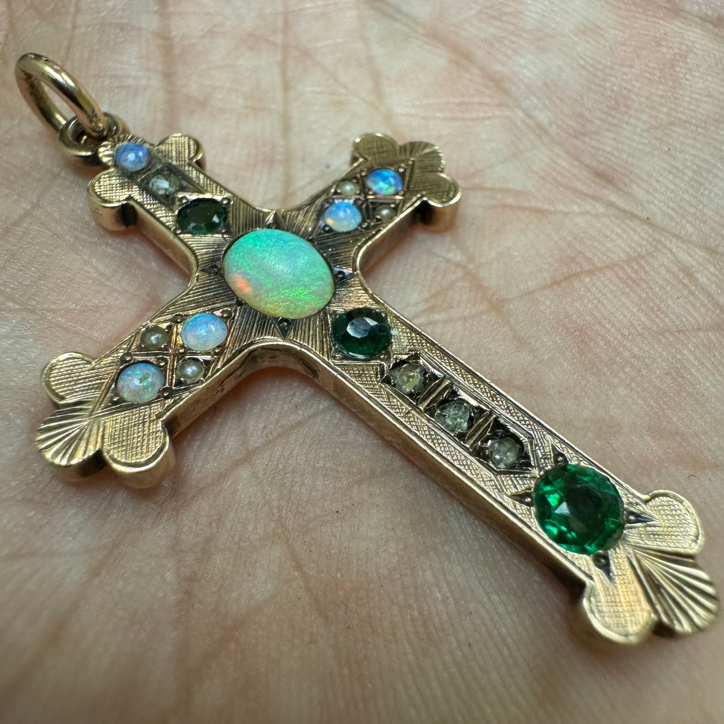 Victorian Solid 14k Gold Rose Cut Diamond, Emerald, Opal Byzantine Cross Pendant