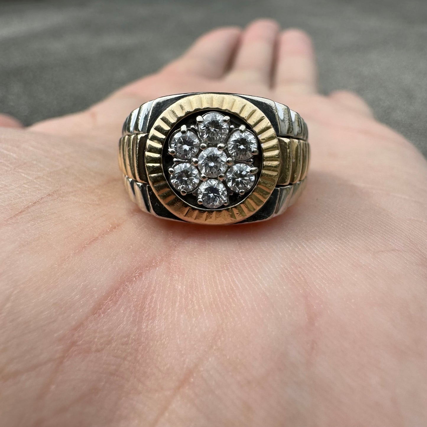 1980’s Two-Tone 14k Gold Natural Diamond Kentucky Cluster Rolex Style Ring (9.5)