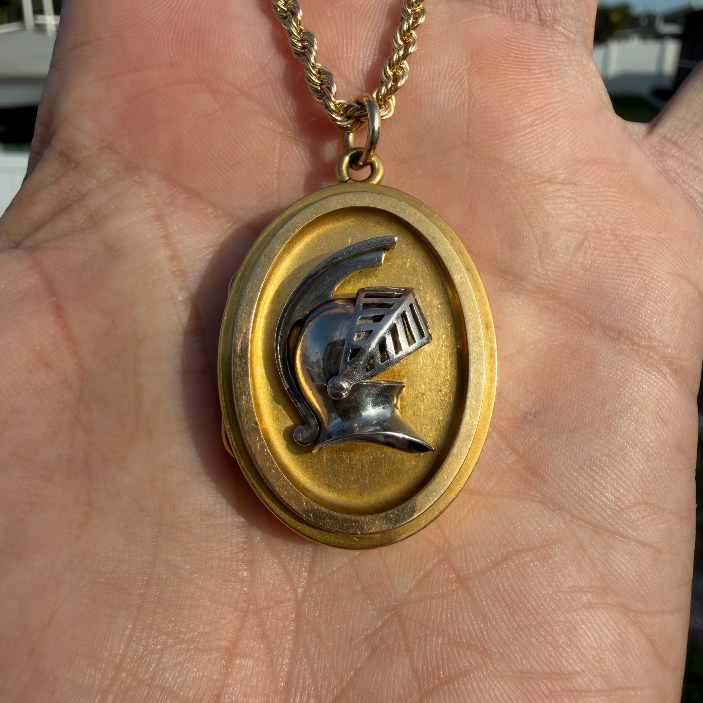 Victorian Solid 18k Yellow Gold/Platinum Large Medieval Burgonet Helmet Locket Pendant