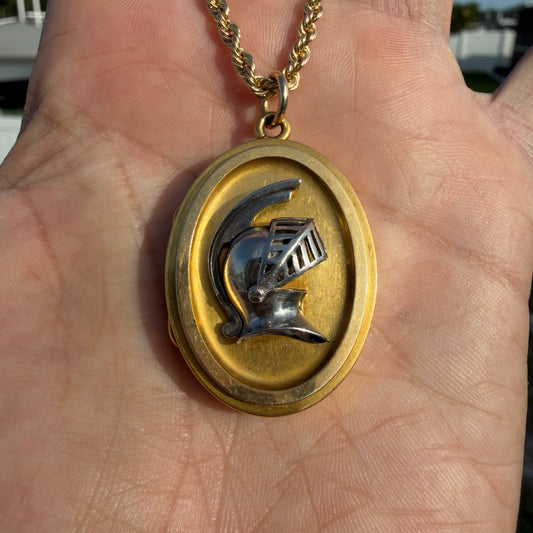 Victorian Solid 18k Yellow Gold/Platinum Large Medieval Burgonet Helmet Locket Pendant