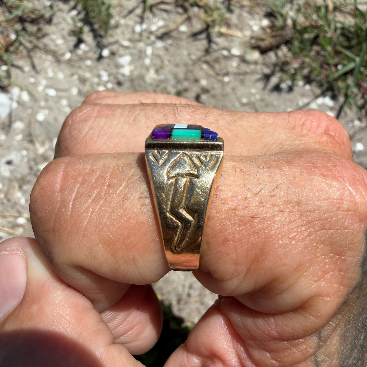 Vintage Native Southwestern Solid 14k Yellow Gold Multi-Stone Inlaid New Mexico State Ring (10)