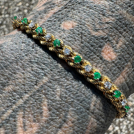 1980’s Solid 14k Yellow Gold 2.0CTW Natural Emerald And Diamond Double Rope Bracelet (7”)