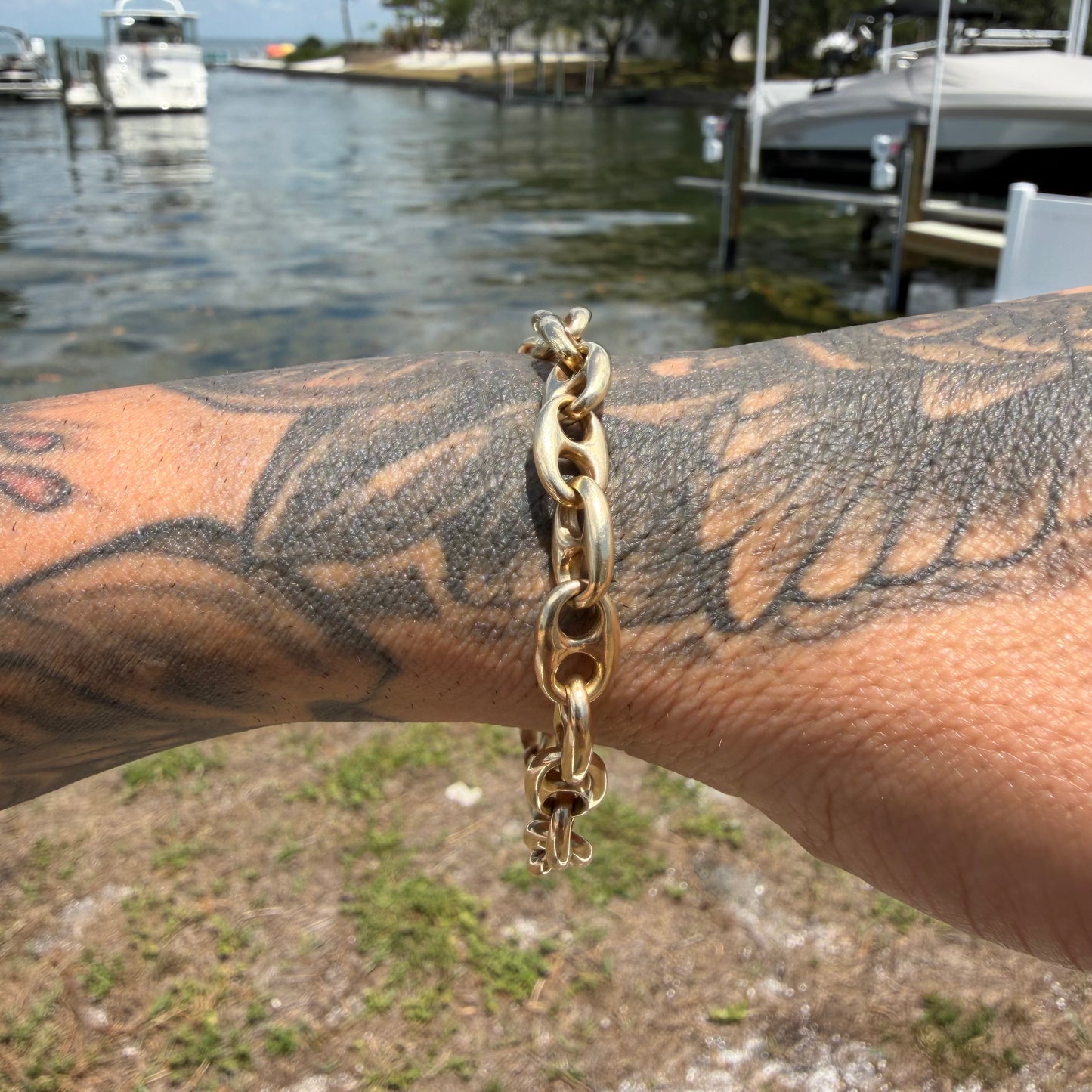 Vintage Fully Solid 14k Yellow Gold Heavyweight Chaine D’ Ancre Puffed Mariner Link Bracelet (7.5”)