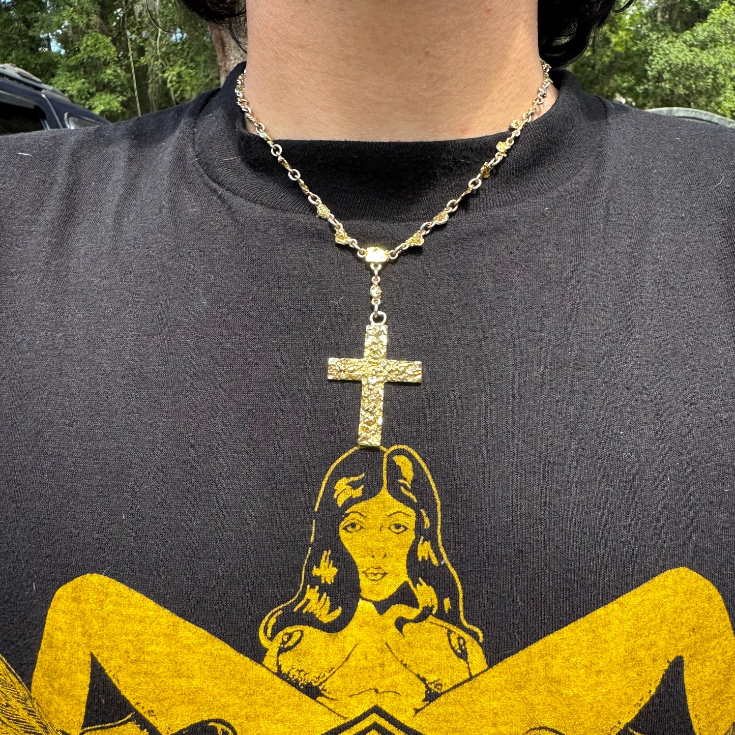 1890’s Yukon Gold Rush Era Natural Raw 20k Gold Nugget Cross Fob Watch Chain Necklace (16.5”)