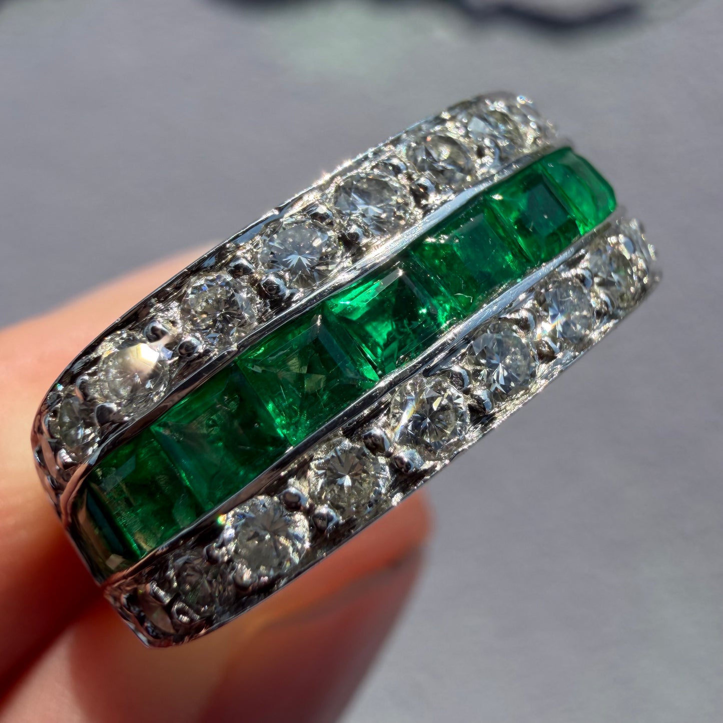 1980’s New Old Stock Solid Platinum 2.5ctw Natural Colombian Emerald and VS Diamond Ring (7.75)