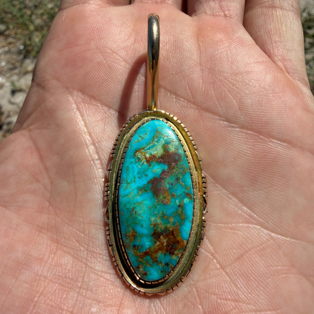 Vintage Solid 14k Yellow Gold Large “Pilot Mountain” Turquoise Pendant Navajo Artist Signed Leonard Nez