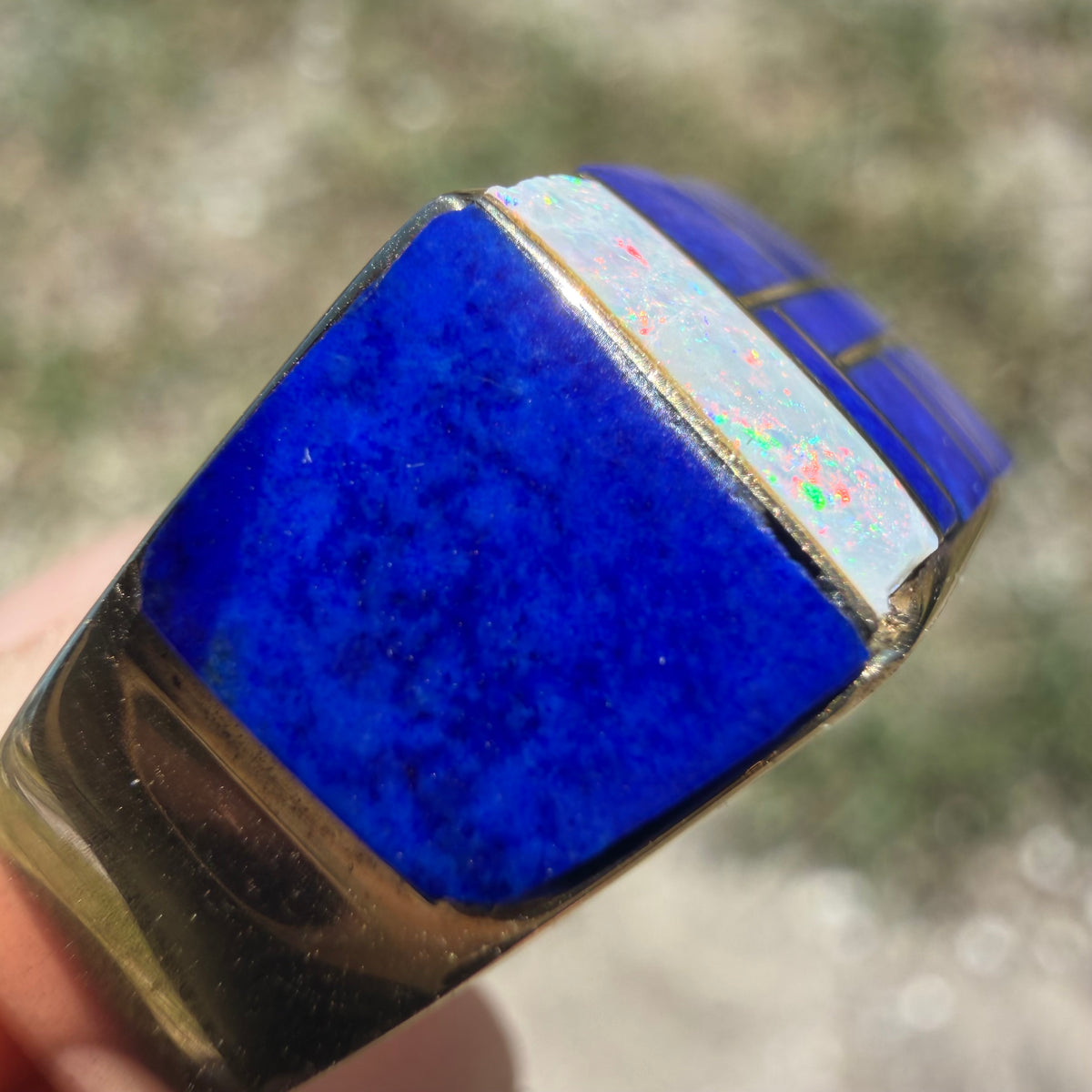 Vintage Solid 14k Yellow Gold Native Southwestern Artist Signed “Gay” Opal And Lapis Inlaid Signet Ring (10.5)
