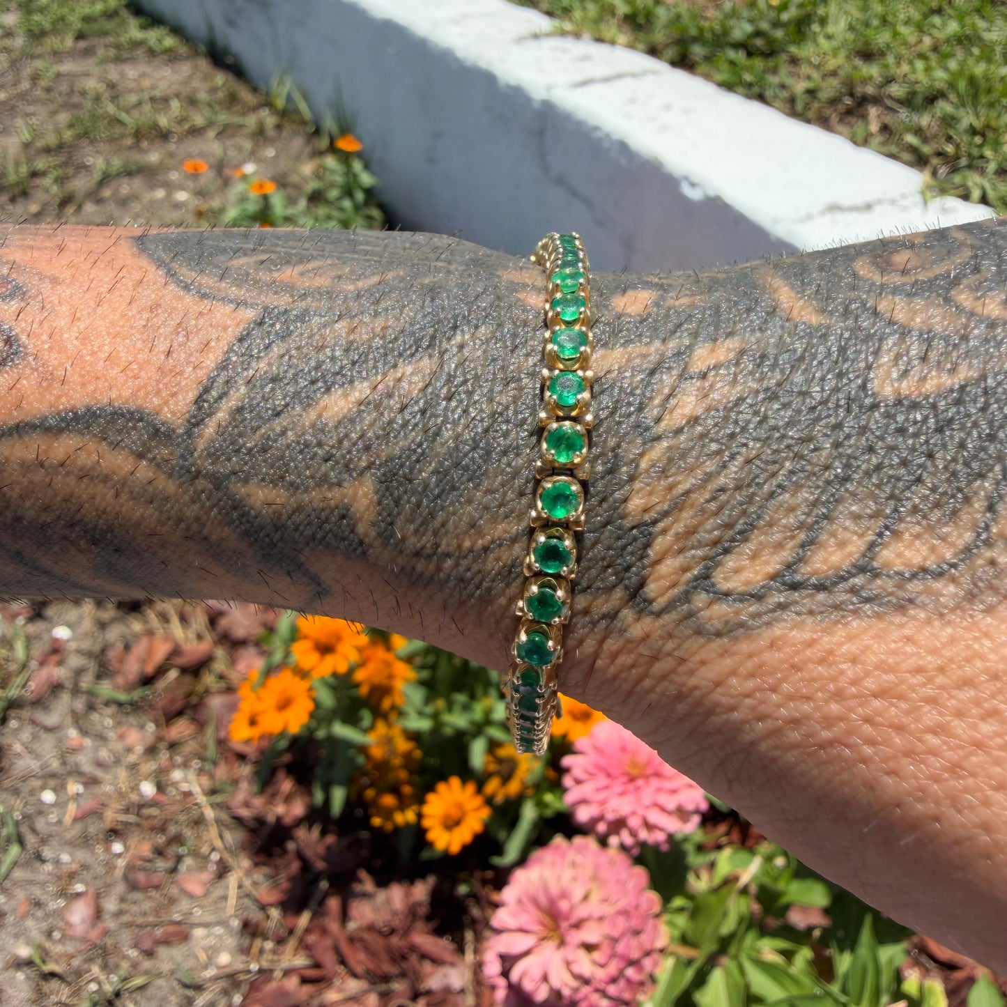 Vintage Solid 14k Yellow Gold 4.5ctw Natural Emerald Tennis Bracelet (7.5”)