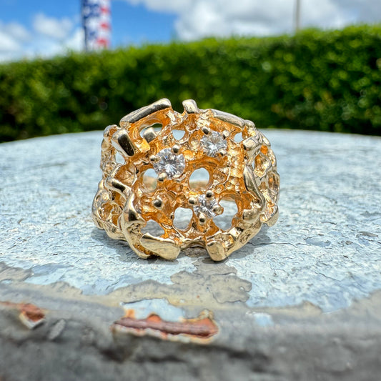 1980’s 14k Yellow Gold Natural Diamond Encrusted Brutalist Honeycomb Nugget Ring (11)