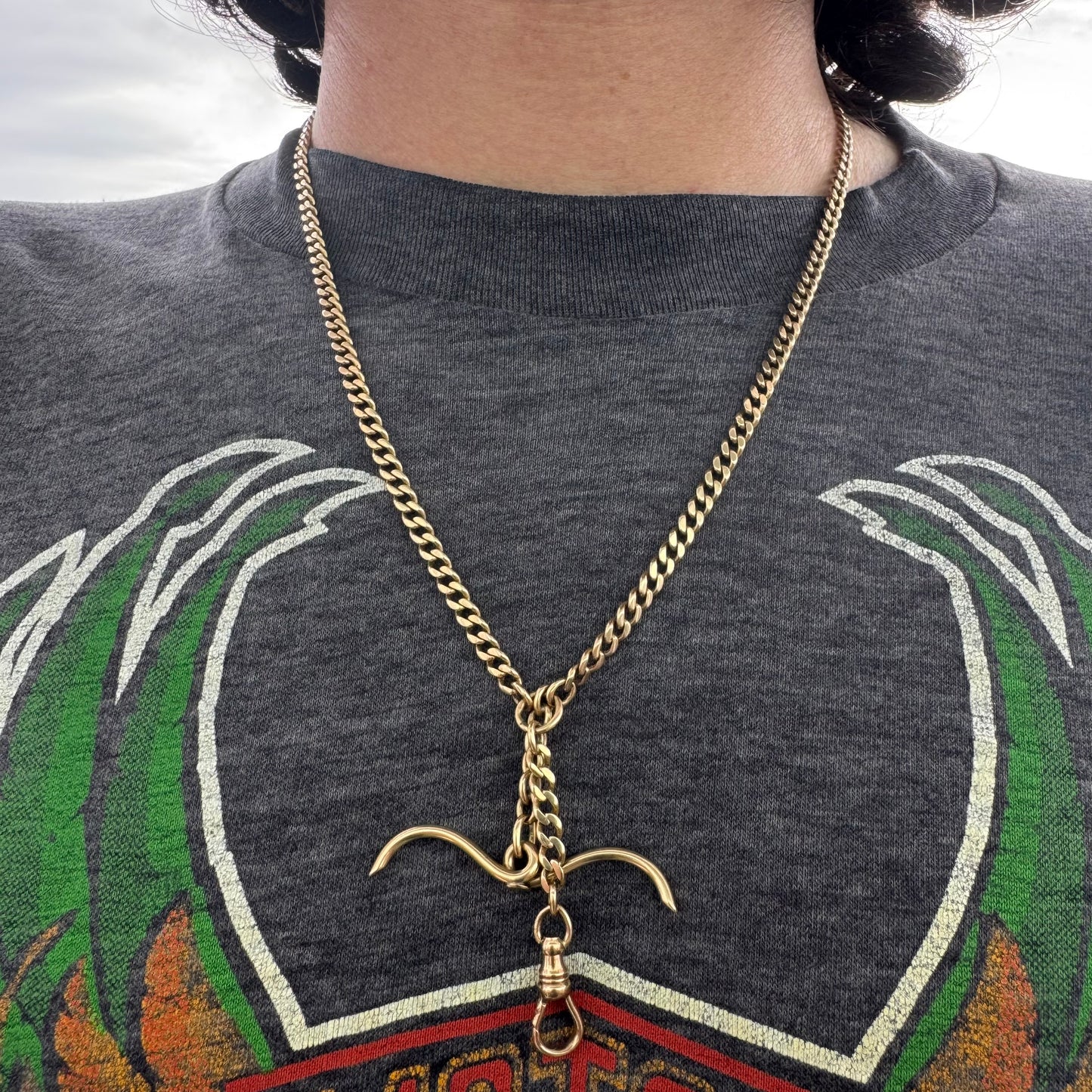 Antique Solid 14k Yellow Gold Double Dog Clip Curb Link Albert Watch Chain Necklace (21”)