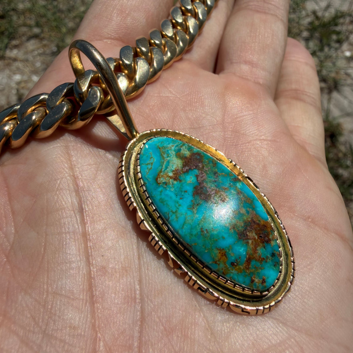 Vintage Solid 14k Yellow Gold Large “Pilot Mountain” Turquoise Pendant Navajo Artist Signed Leonard Nez