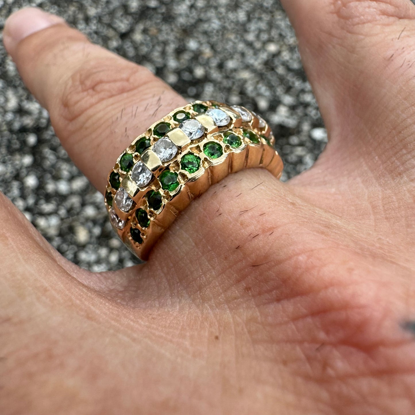 Vintage Handmade Solid 14k Yellow Gold 1.0Ctw Natural Diamond/1.25Ctw Tsavorite Garnet Ring (7.5)