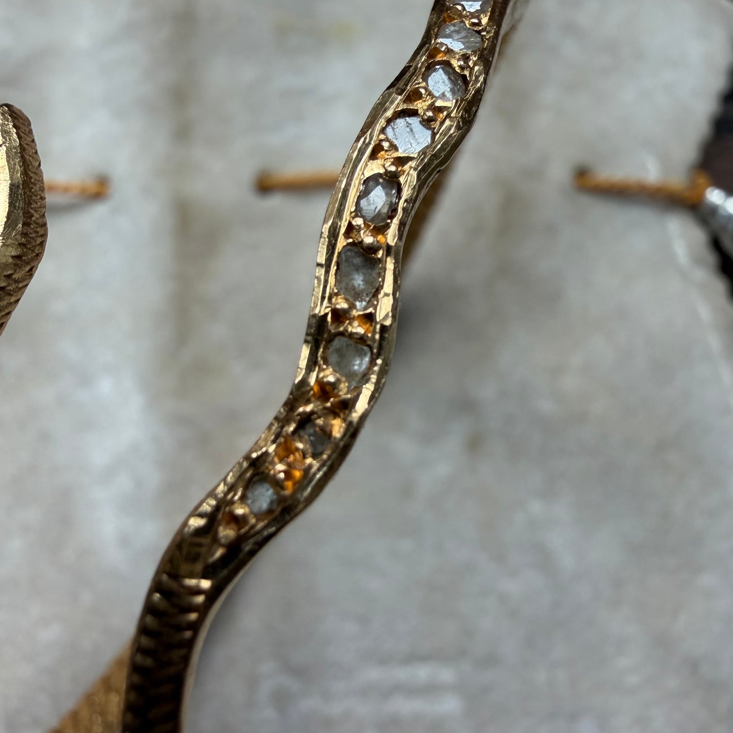 Antique Egyptian Solid 22.5k Yellow Gold Natural Rose Cut Diamond And Ruby Snake Bangle Bracelet (6.5”-8”)