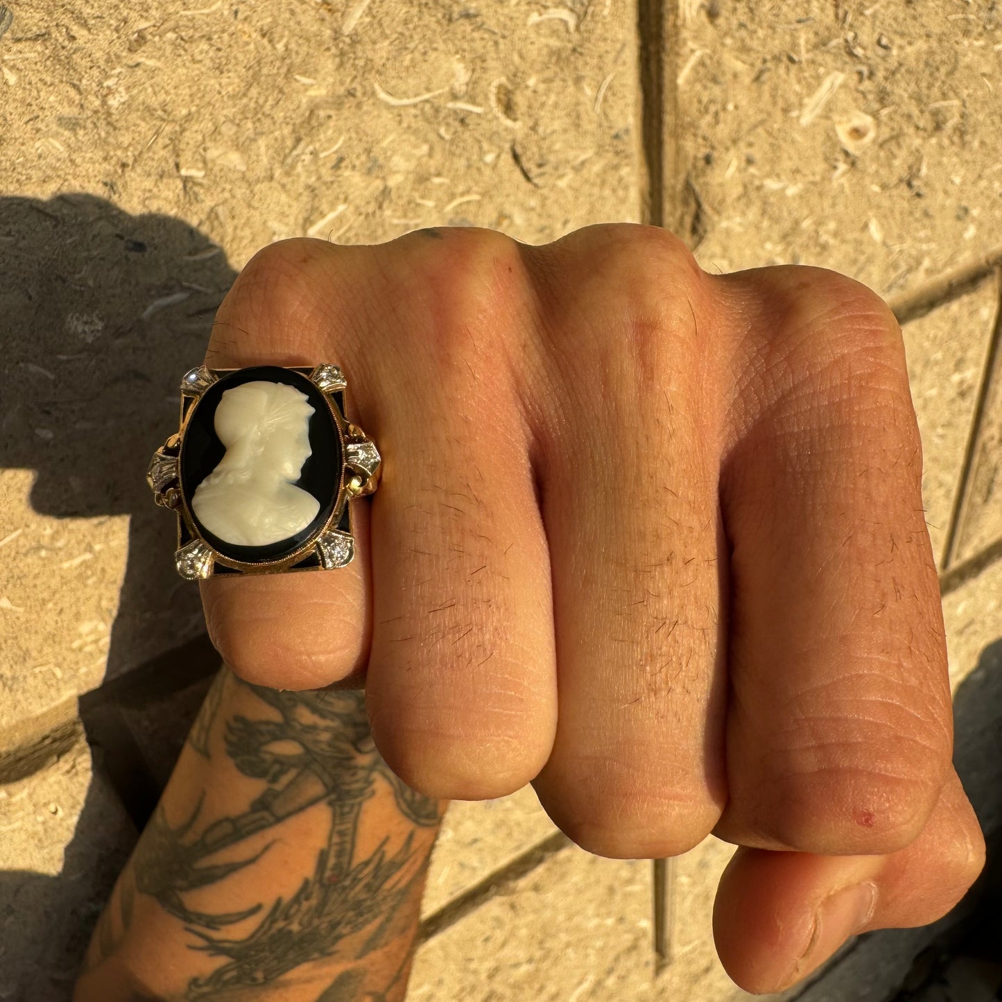 Art Deco 14k Yellow Gold And Platinum .25ctw Natural Diamond Athena (Goddess Of War) Cameo Ring (6.75)