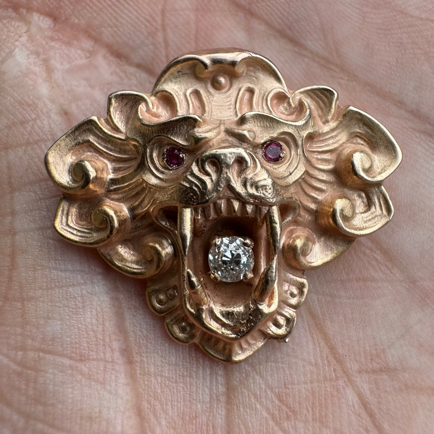 Art Nouveau 1910’s 10k Gold Mythical Beast .10Ct Old Euro Cut Diamond Pendant/Brooch