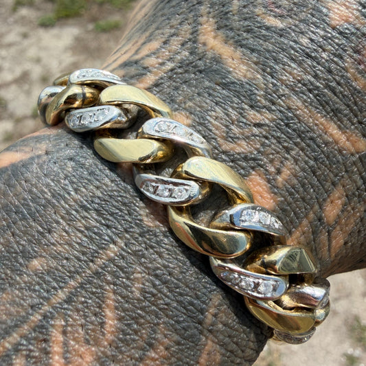 Vintage Solid 14k Two-Tone Yellow & White Gold Super Heavyweight 2.0ctw Natural Diamond Encrusted Cuban Link Bracelet (8”)