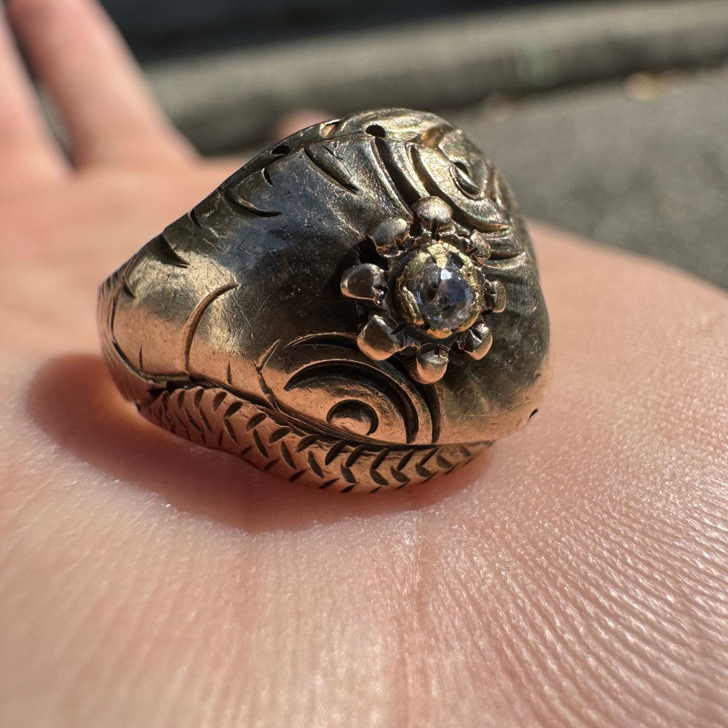Victorian 14k Gold Snake Ring With Natural Old Cut Diamond (7.25)