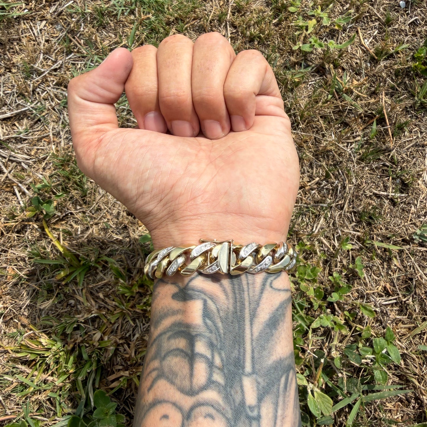 Vintage Solid 14k Two-Tone Yellow & White Gold Super Heavyweight 2.0ctw Natural Diamond Encrusted Cuban Link Bracelet (8”)