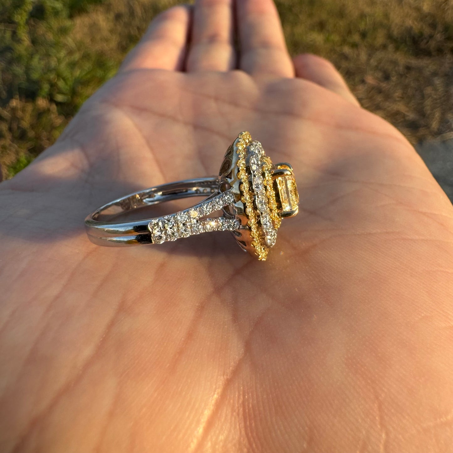 Brand New 14k White Gold 1.15ct Natural VS Cushion Cut Fancy Yellow Diamond 1.59ctw Natural VS Yellow And White Diamond Halo Ring (8)