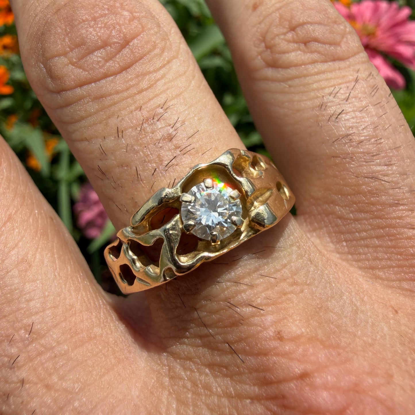 Vintage Solid 14k Yellow Gold .85ct Natural Old Euro Cut Diamond Solitaire Nugget Ring (11.5)