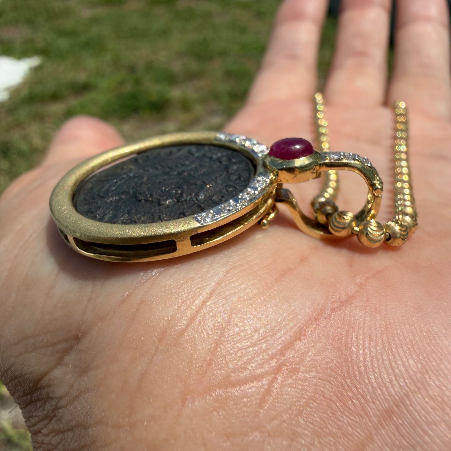 Vintage 14k Yellow Gold Natural Diamond and Ruby Ancient 275-276A.D Tacitus Roman Coin Pendant