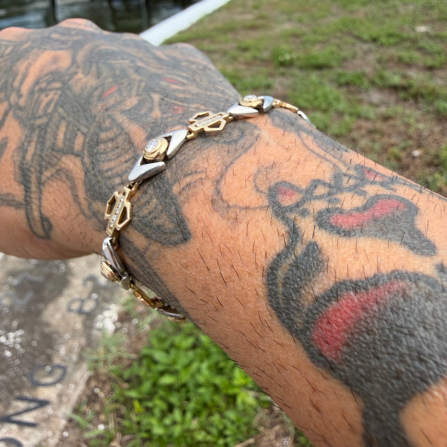 Vintage Solid 14k Yellow Gold .950 Platinum 1.25ctw Natural Diamond Harley-Davidson Bracelet (7”)