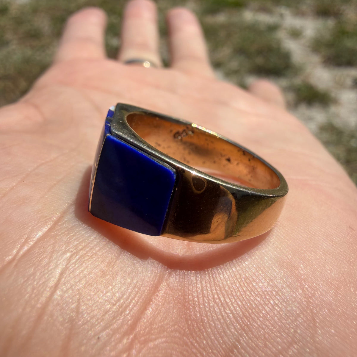 Vintage Solid 14k Yellow Gold Native Southwestern Artist Signed “Gay” Opal And Lapis Inlaid Signet Ring (10.5)