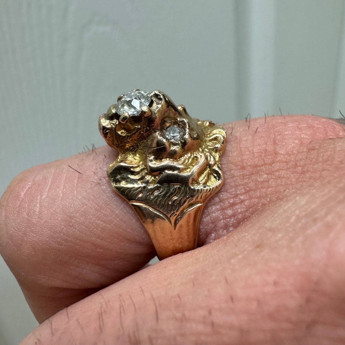 Victorian Era Solid 14k Yellow Gold .50Ct Natural Old Euro Cut Diamond Lion Ring (7.5)