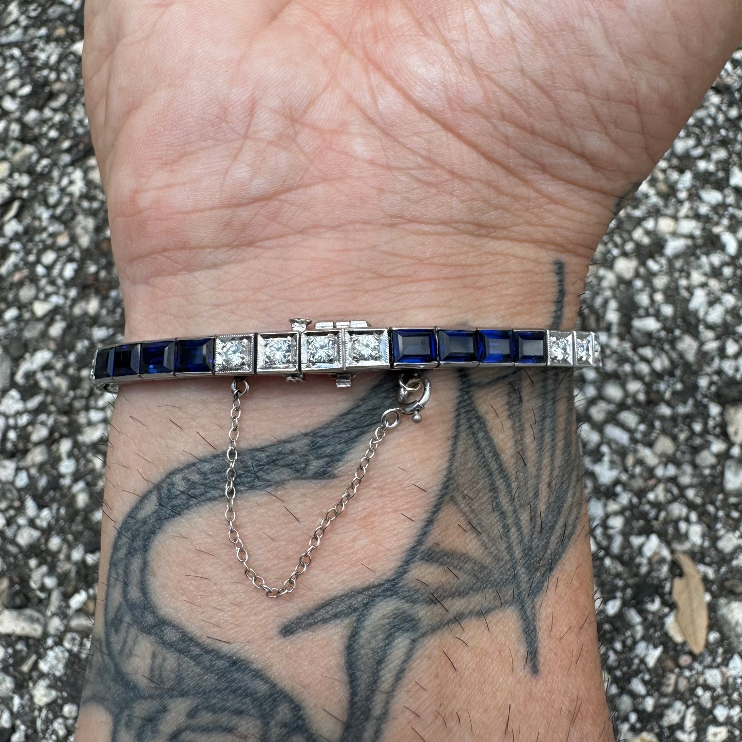 Art Deco 14k White Gold 5.0ctw French Cut Sapphire 1.5ctw Natural VS Diamond Tennis Bracelet (7.5”)